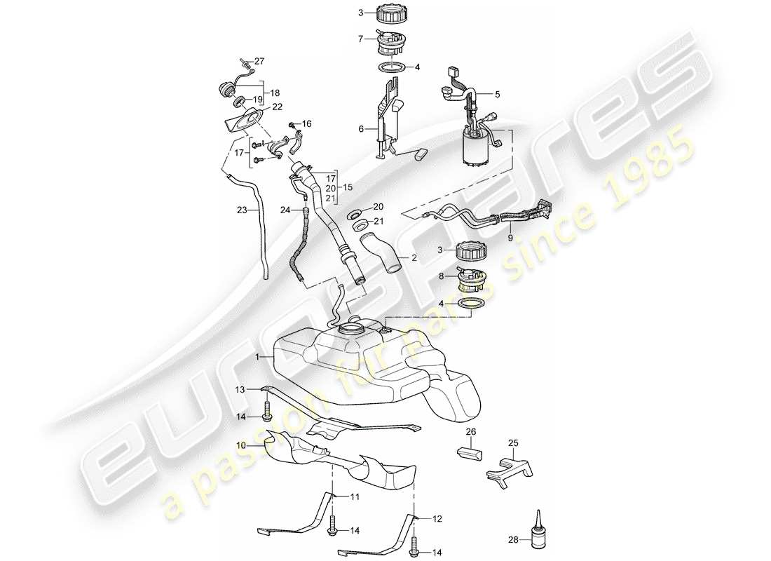 porsche 2009 997-2 turbo / gt2 diagrama de piezas del tanque de combustible