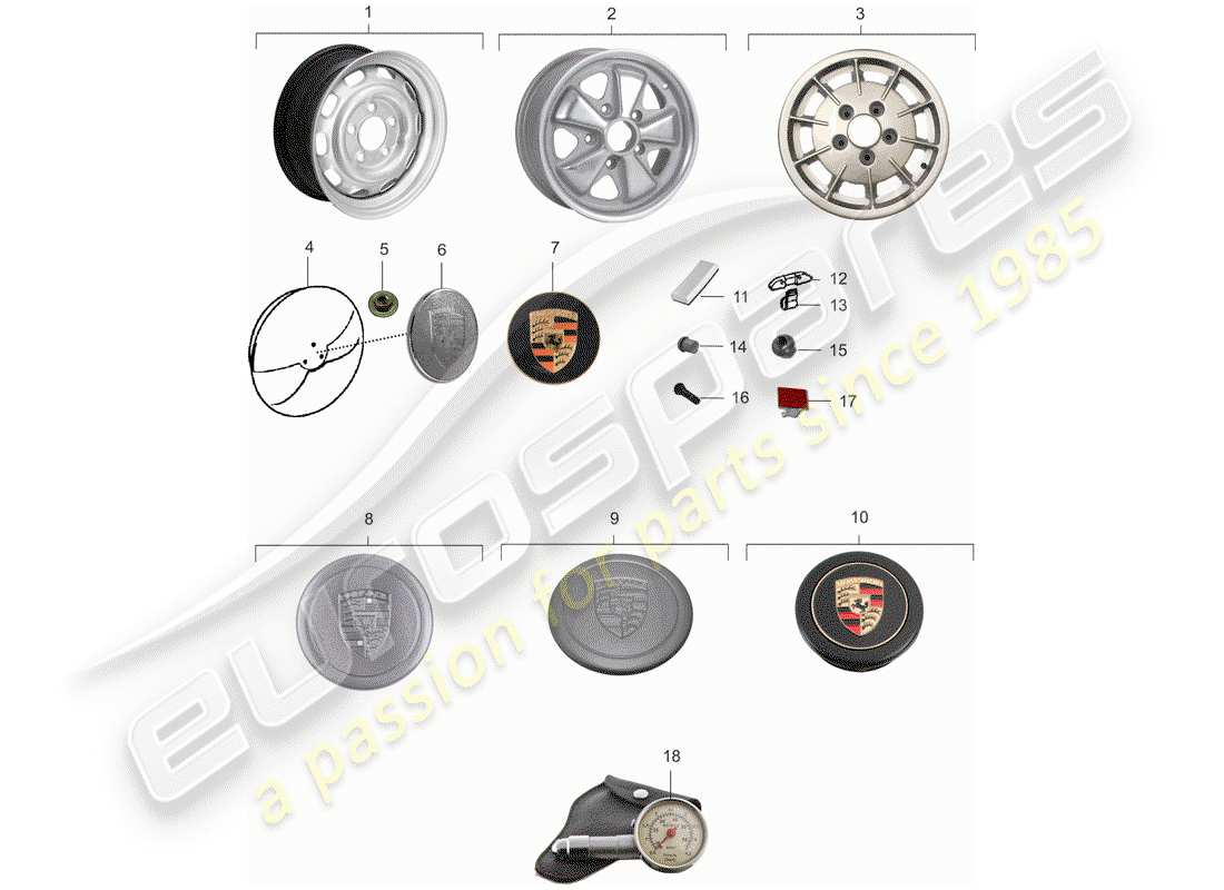 porsche 1975 (914) diagrama de piezas de ruedas