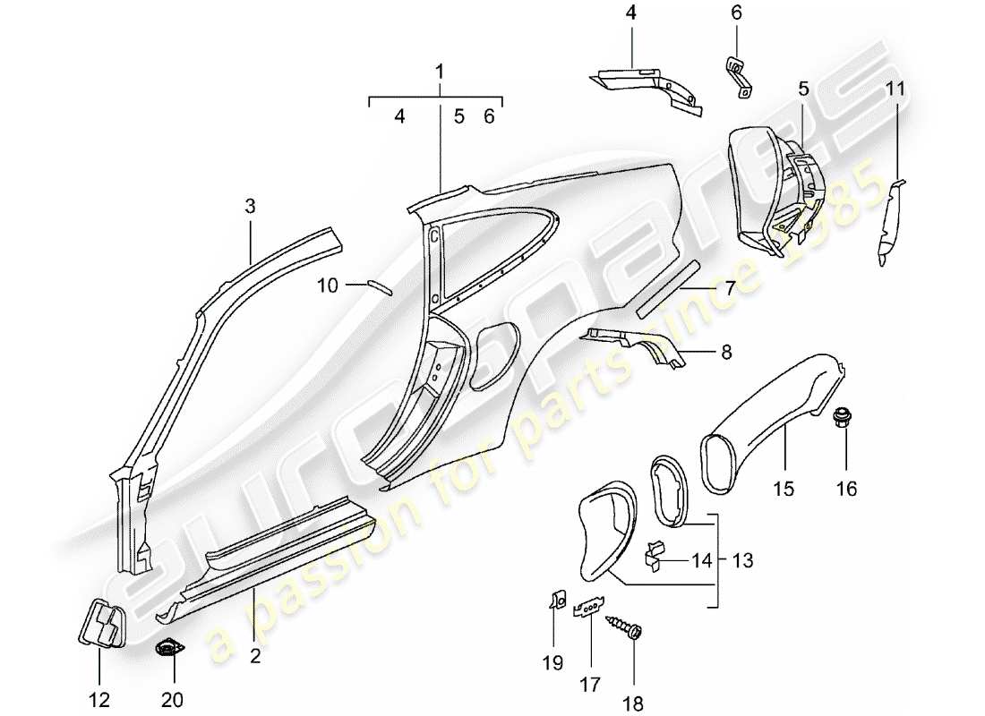 porsche 2003 (996 turbo / gt2) diagrama de piezas del panel lateral