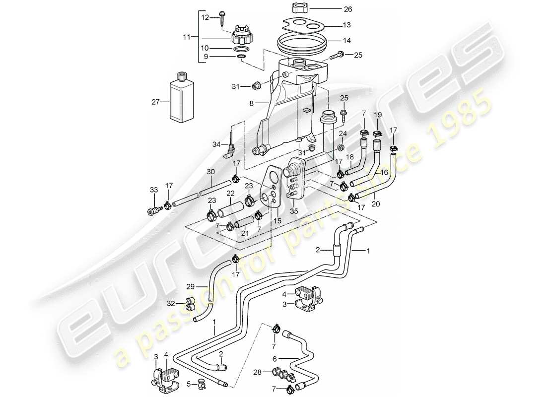 porsche 2000 (986 boxster) diagrama de piezas de refrigeración por agua