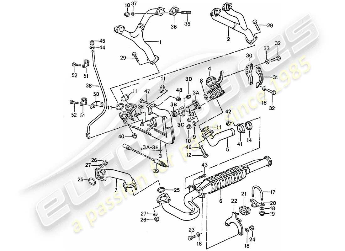 porsche 1989 (944) sistema de escape - catalizador diagrama de piezas
