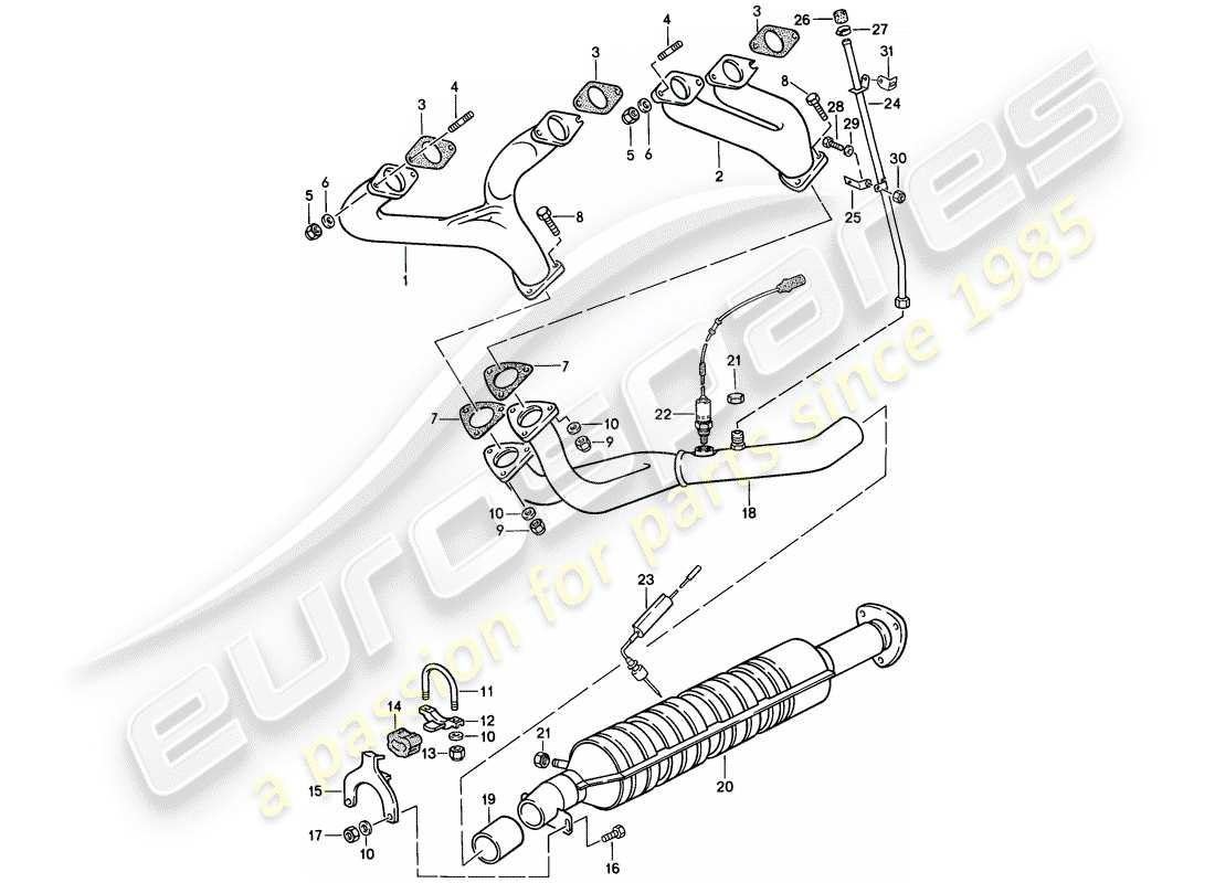porsche 1986 (944) sistema de escape - - catalizador diagrama de piezas