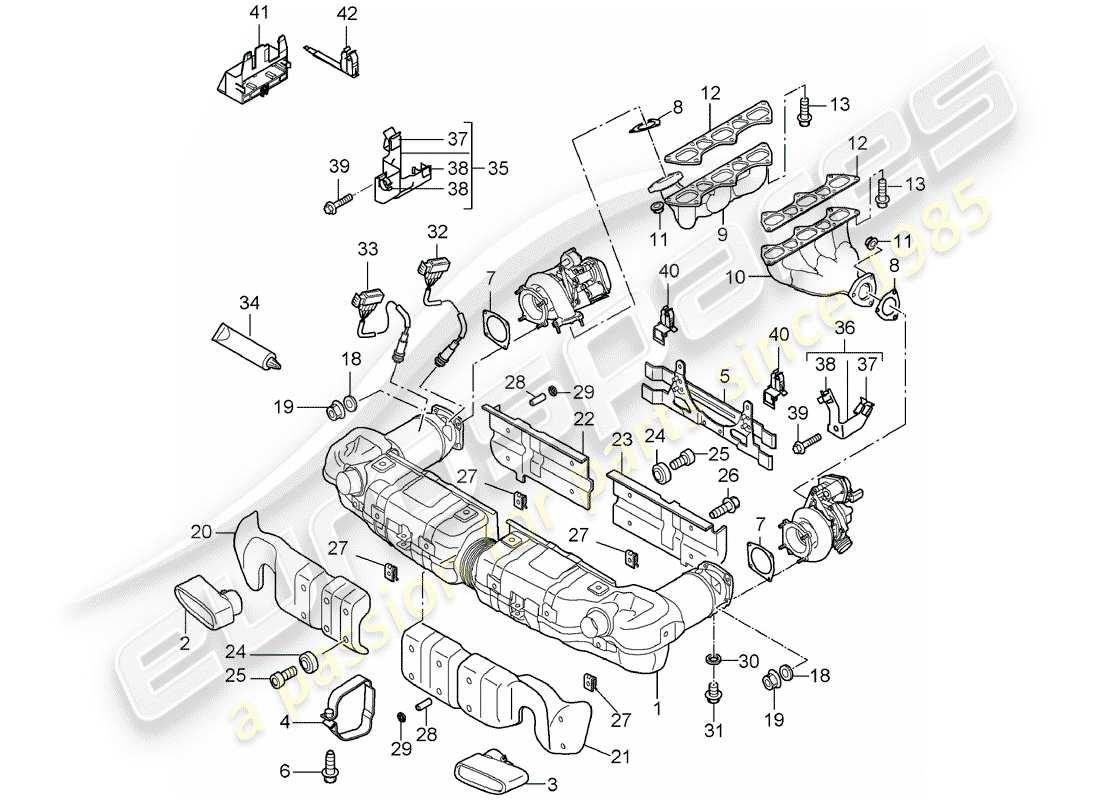 porsche 2009 997-2 turbo / gt2 diagrama de piezas del sistema de escape