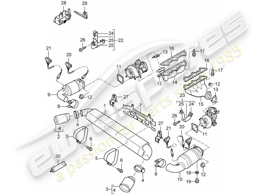porsche 2009 997-2 turbo / gt2 diagrama de piezas del sistema de escape