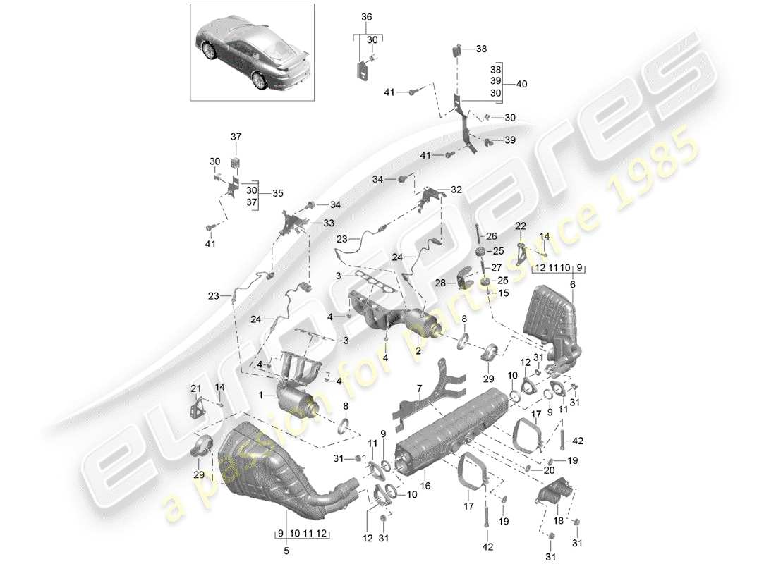 porsche 2017 (991-2 r/gt3/rs) diagrama de piezas del sistema de escape