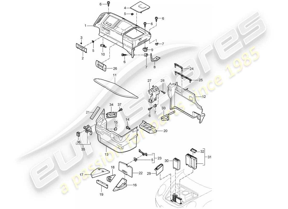 porsche 997 t/gt2 (2007) compartimiento de equipaje diagrama de piezas