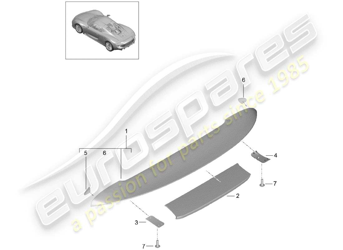 porsche 918 spyder (2015) diagrama de piezas del spoiler trasero