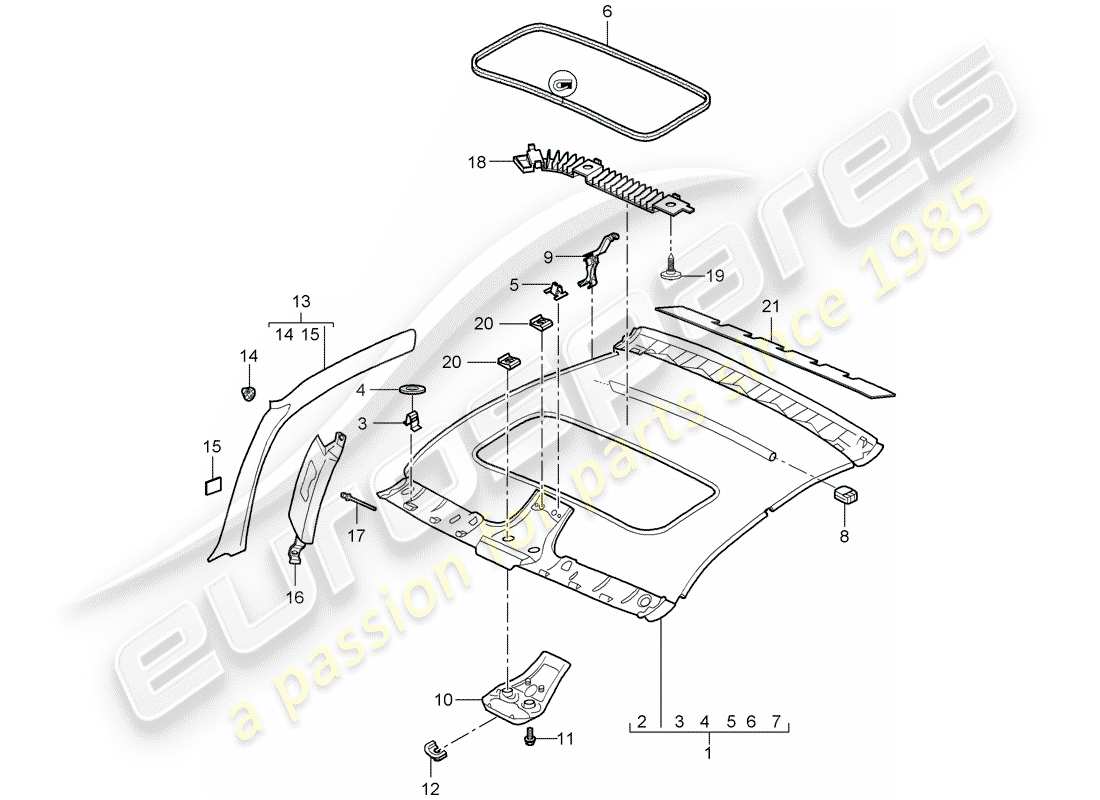 porsche 2005 (997-1) diagrama de piezas del panel de acabado del techo