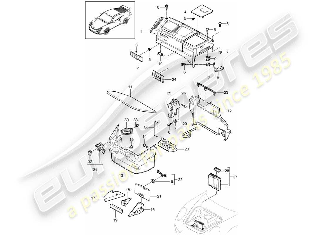 porsche 2007 (997-1 gt3) compartimiento de equipaje diagrama de piezas