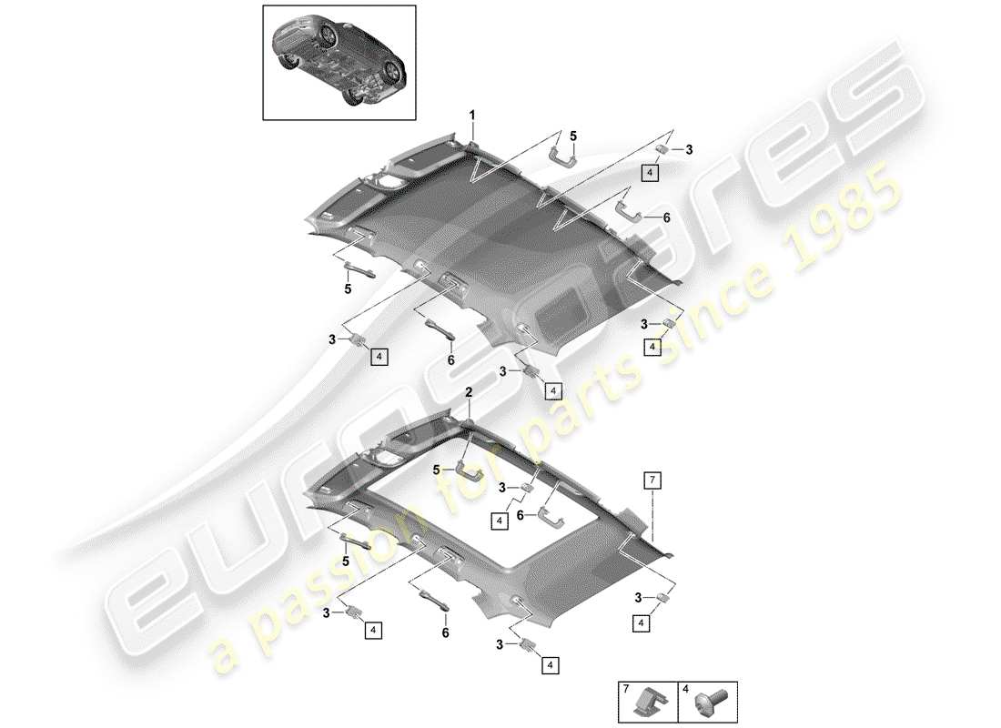 porsche 2020 (cayenne e3 9ya/9yb) panel de adorno de techo diagrama de piezas