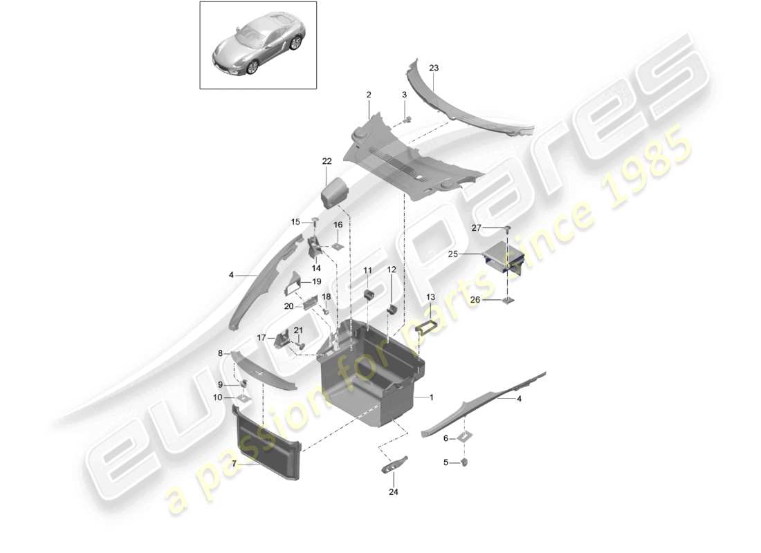 porsche 2016 (981 cayman) embellecedores delanteros del maletero diagrama de piezas