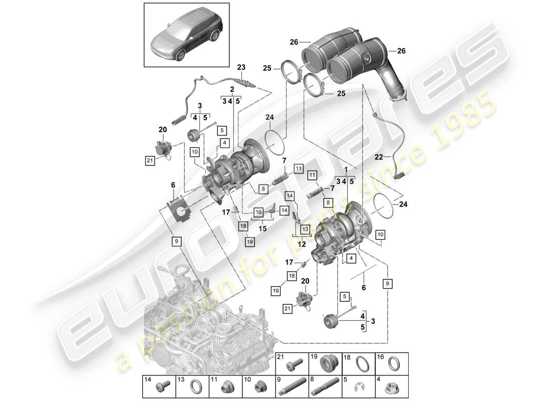 porsche 2020 (cayenne e3 9ya/9yb) diagrama de piezas del turbocompresor de gas de escape