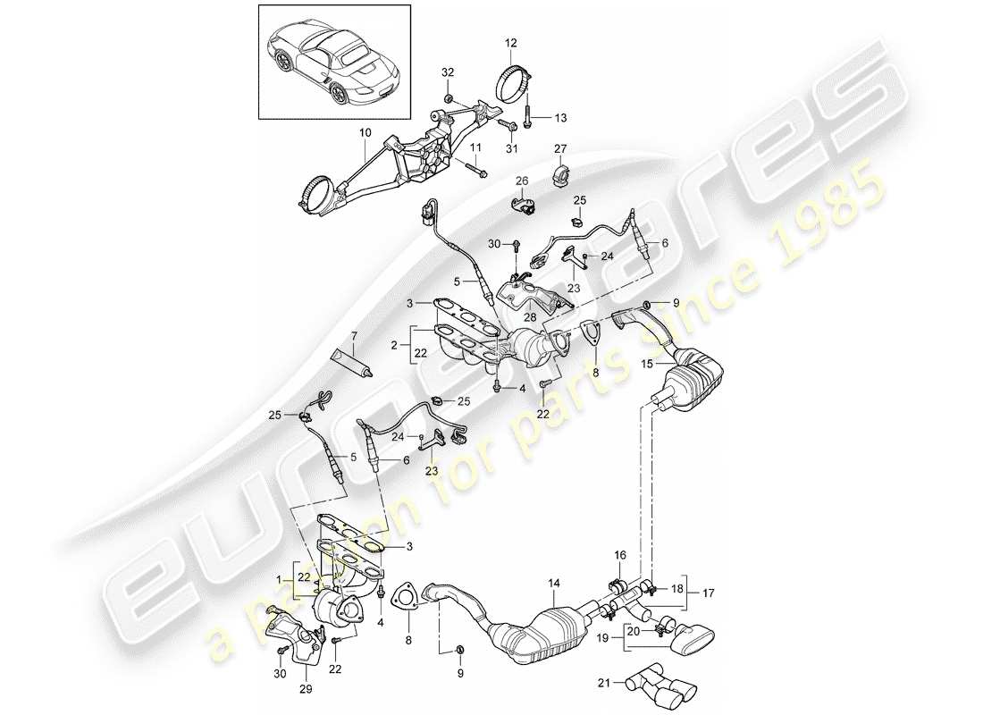 porsche 2012 (987 boxster) diagrama de piezas del sistema de escape