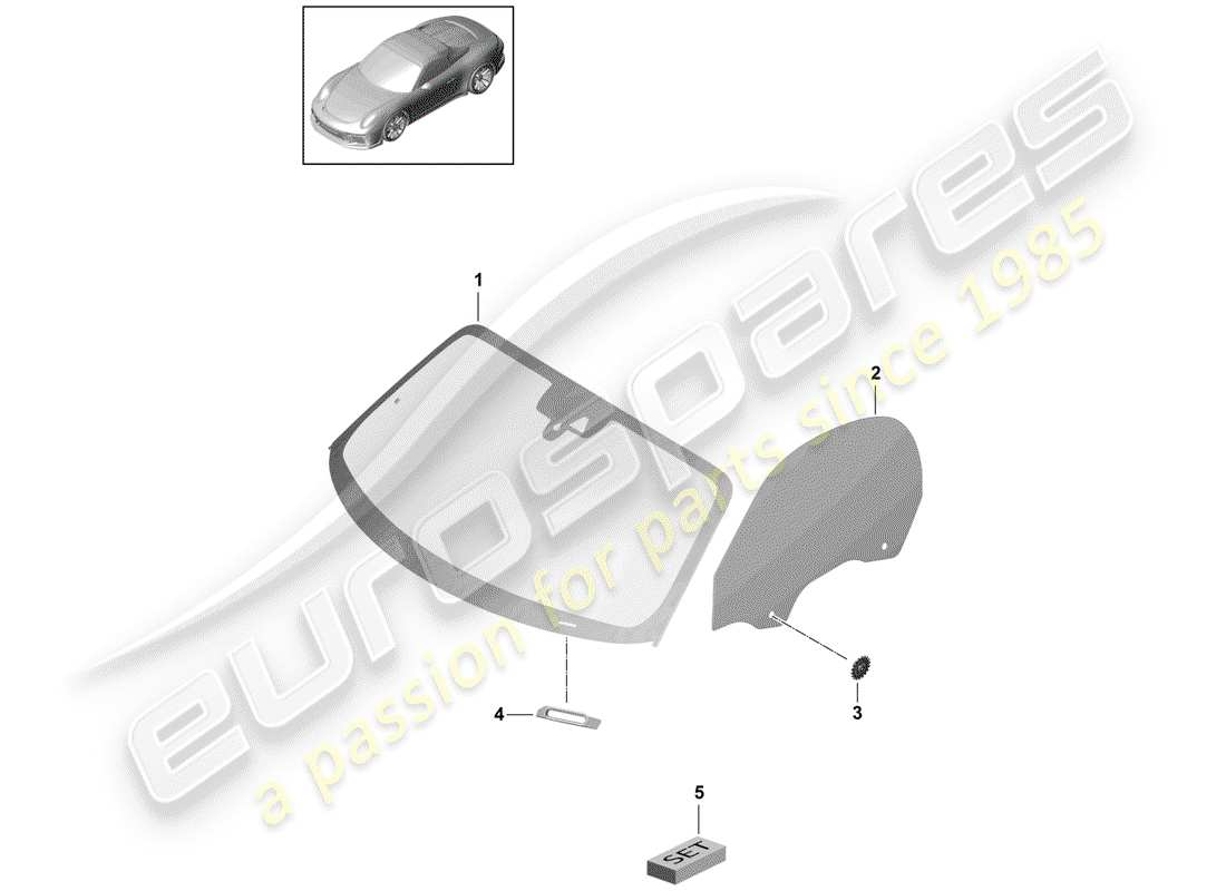 porsche 991r/gt3/rs (2015) diagrama de piezas del vidrio del parabrisas