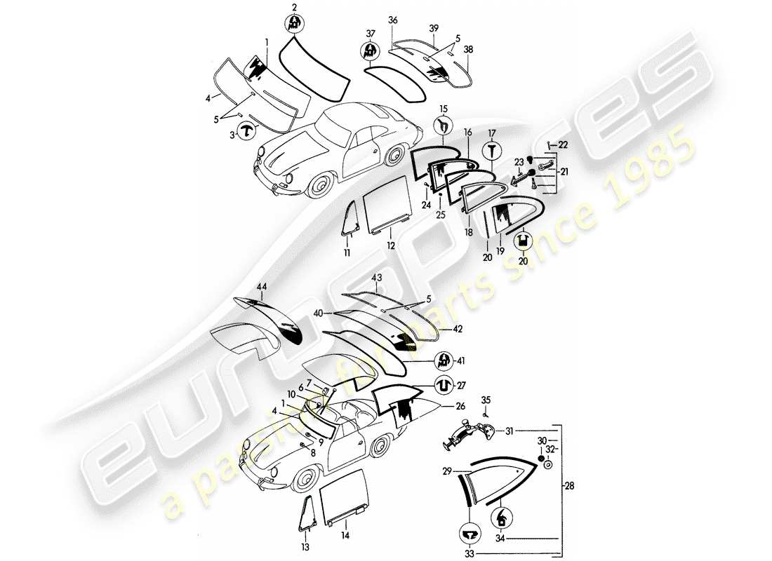 porsche 1961 (356b/356c) acristalamiento de ventanas diagrama de piezas