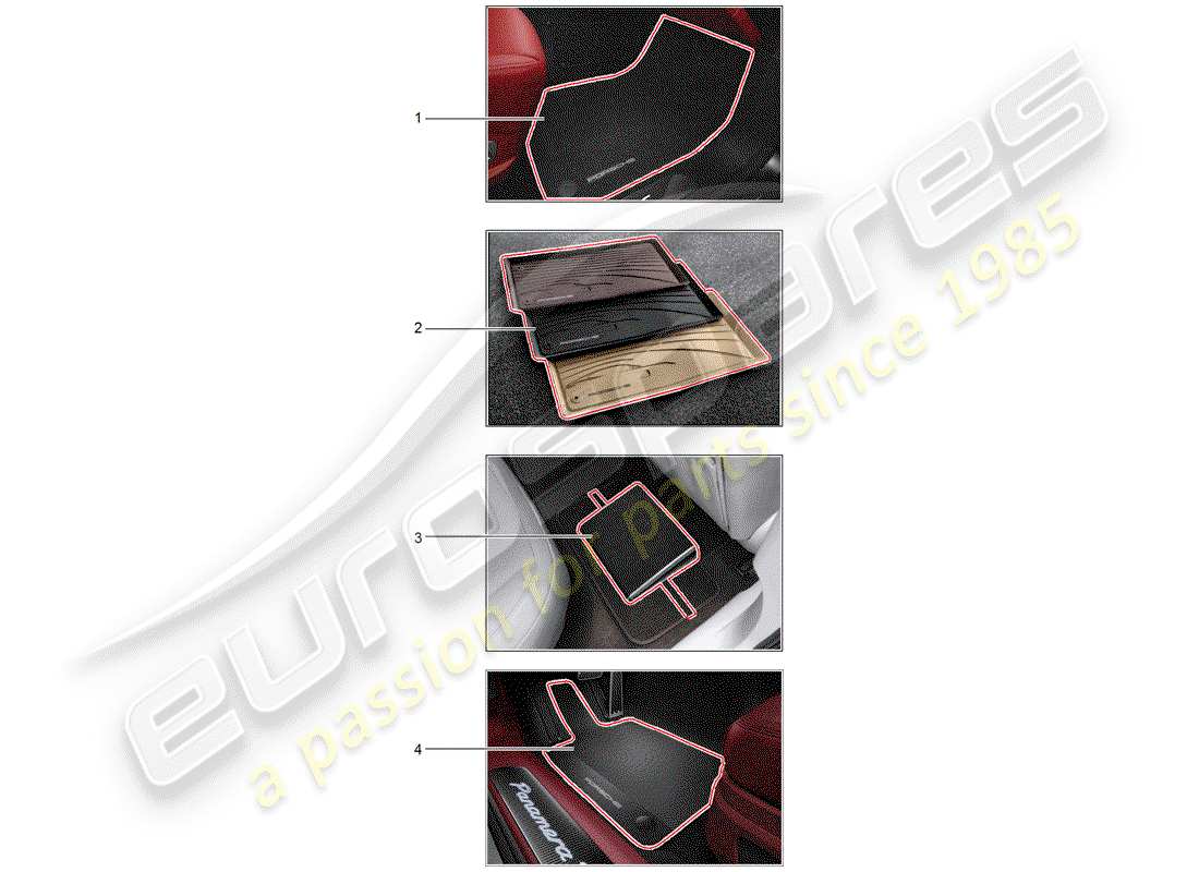 porsche 2018 (tequipment panamera) alfombra de piso (goma) diagrama de piezas