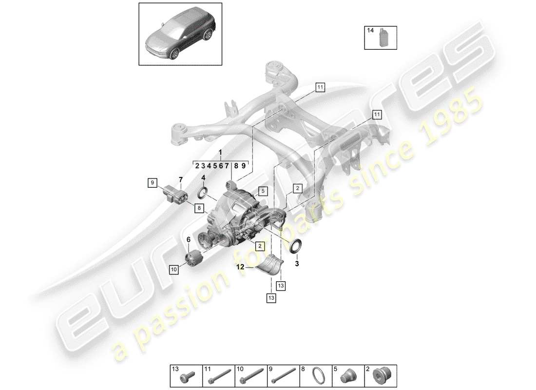 porsche 2020 (cayenne e3 9ya/9yb) diagrama de piezas del diferencial del eje trasero