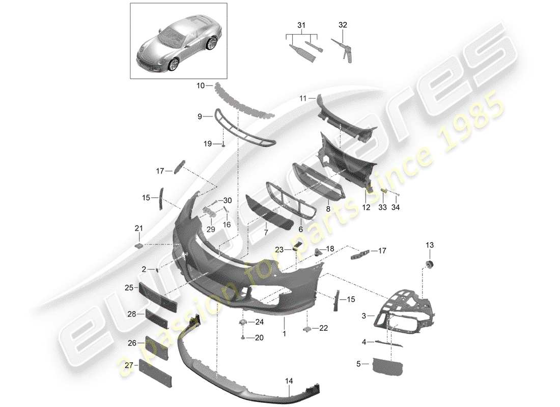 porsche 991r/gt3/rs (2015) diagrama de piezas del parachoques