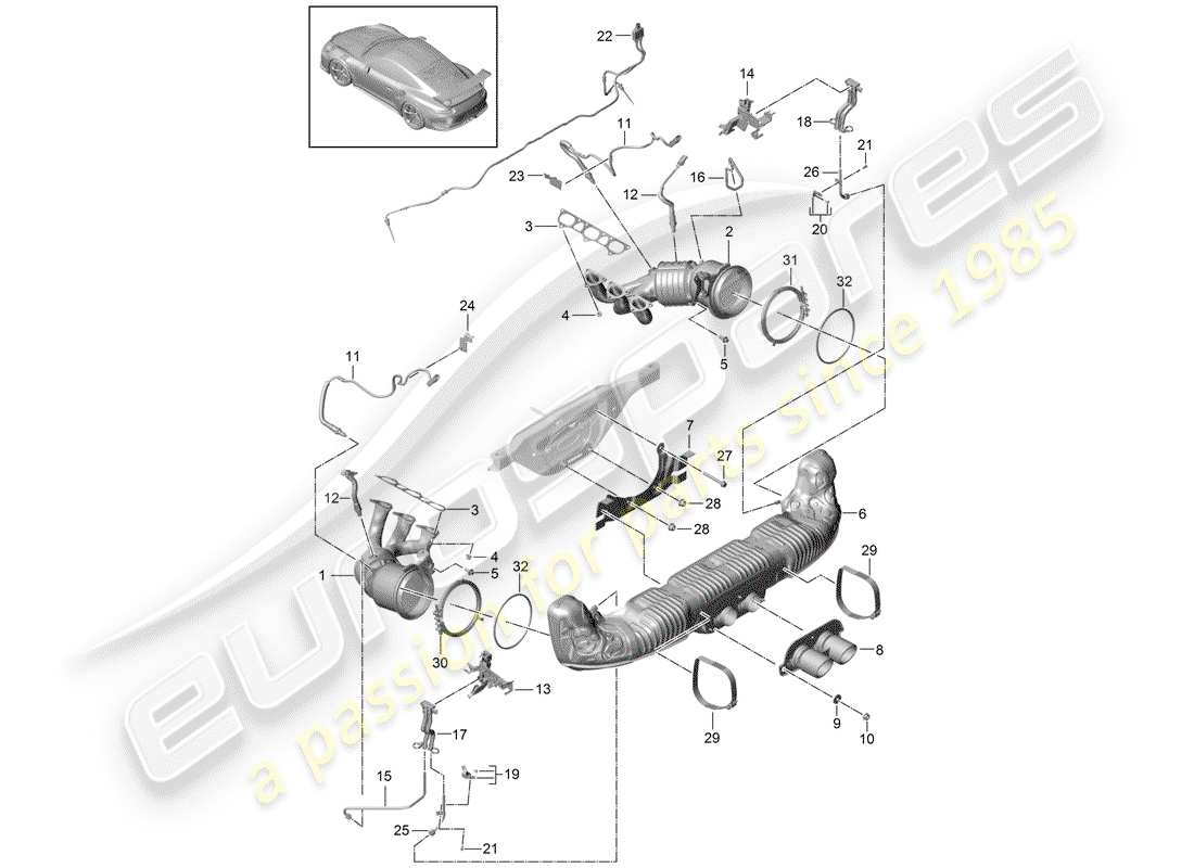 porsche 2017 (991-2 r/gt3/rs) diagrama de piezas del sistema de escape