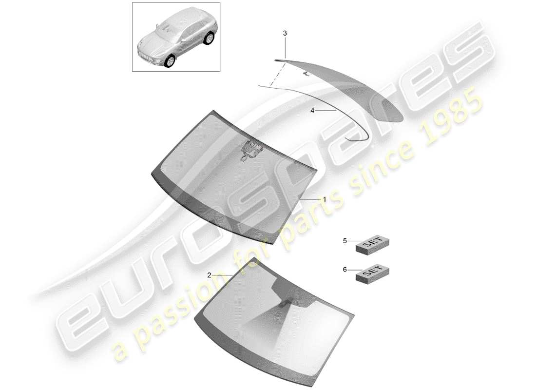 porsche 2015 (macan) vidrio del parabrisas diagrama de piezas