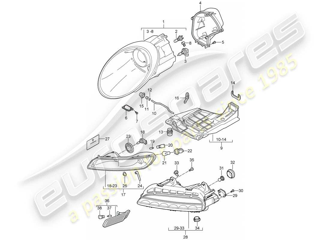 porsche 2007 (997-1 gt3) diagrama de piezas del faro