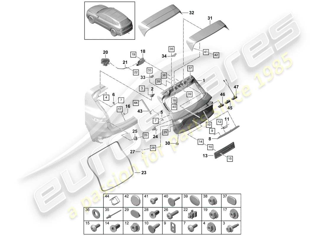 porsche 2020 (cayenne e3 9ya/9yb) tapa del maletero trasero diagrama de piezas