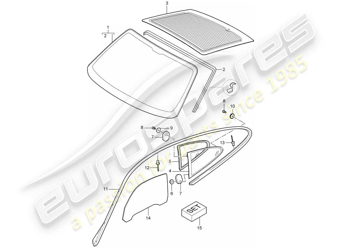 porsche 2007 (997-1 gt3) acristalamiento de ventanas diagrama de piezas