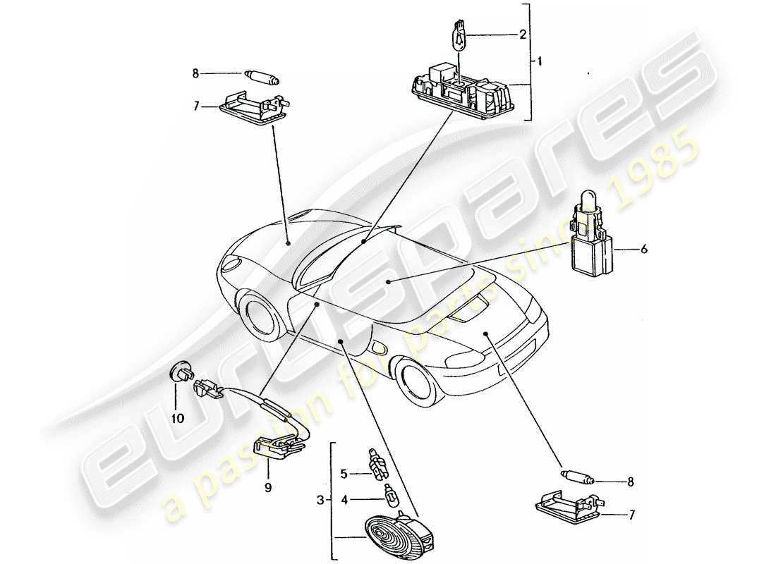 porsche 2000 (986 boxster) luz interior - luz del maletero - luz del compartimiento del motor - luz del espacio para los pies - iluminación de la manija de la puerta - apertura interior esquema de piezas