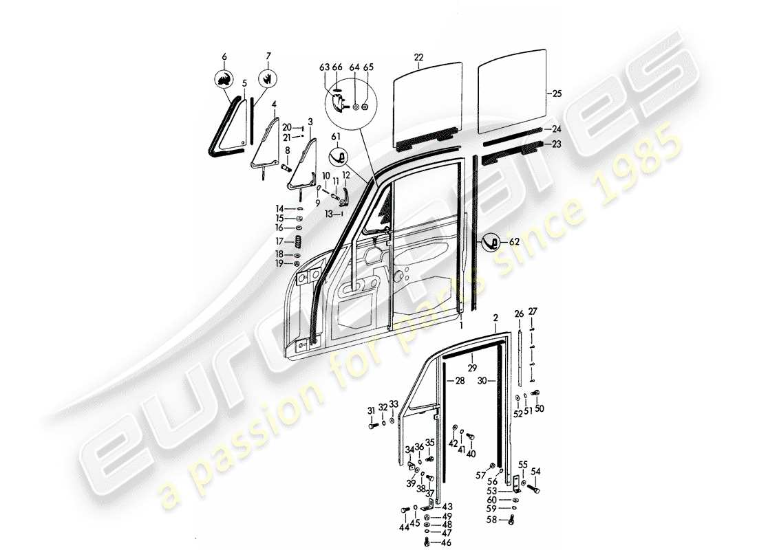 porsche 1964 (356b/356c) marco de ventana - ventana lateral - ventana de puerta diagrama de piezas