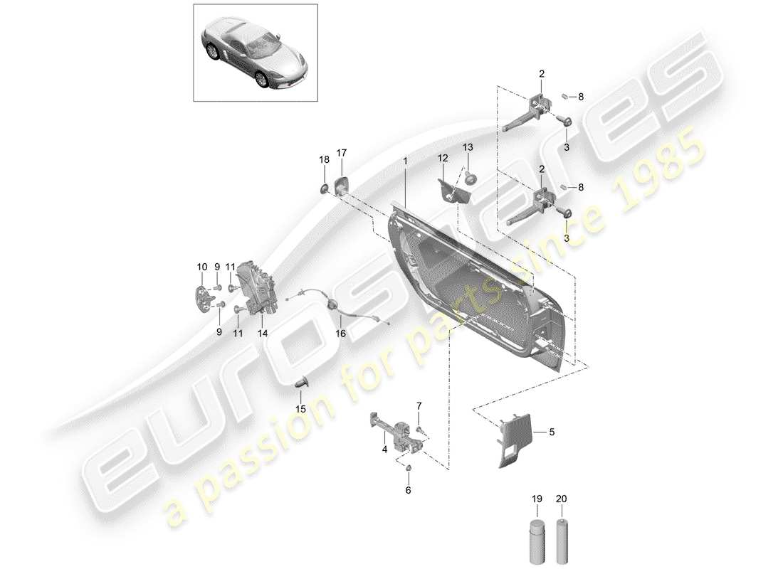 porsche 2018 (718 boxster) diagrama de piezas de la carcasa de la puerta