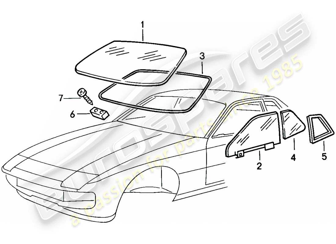 porsche 1987 (924s) acristalamiento de ventanas diagrama de piezas