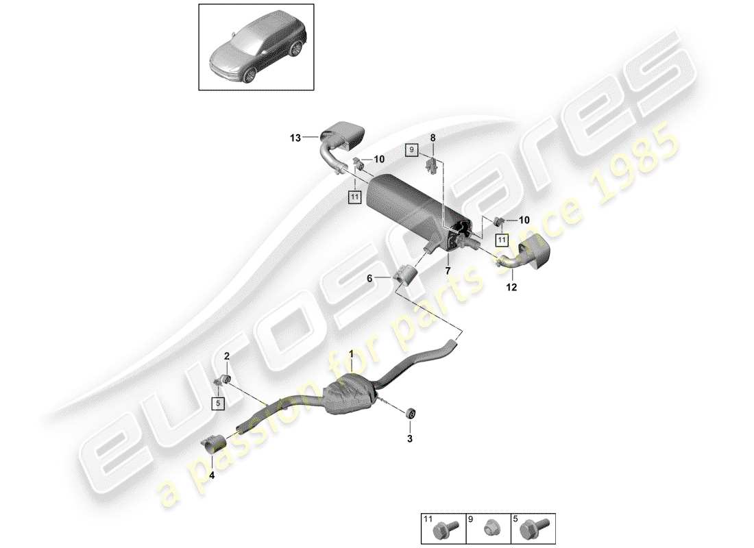 porsche 2020 (cayenne e3 9ya/9yb) diagrama de piezas del sistema de escape