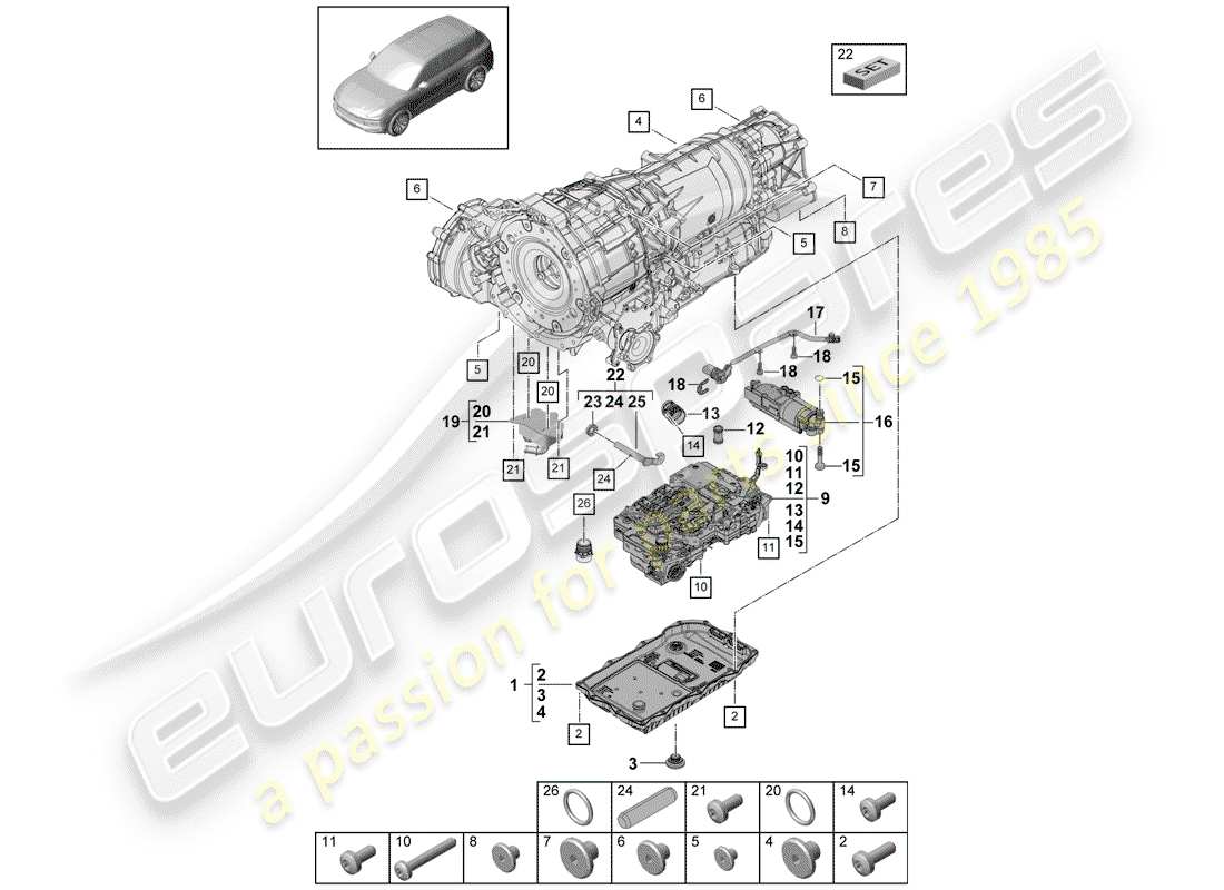 porsche 2020 (cayenne e3 9ya/9yb) 8-speed caja de cambios automática diagrama de piezas
