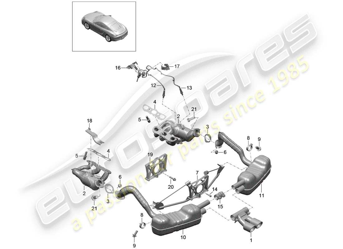 porsche 2016 (981 cayman) sistema de escape diagrama de piezas
