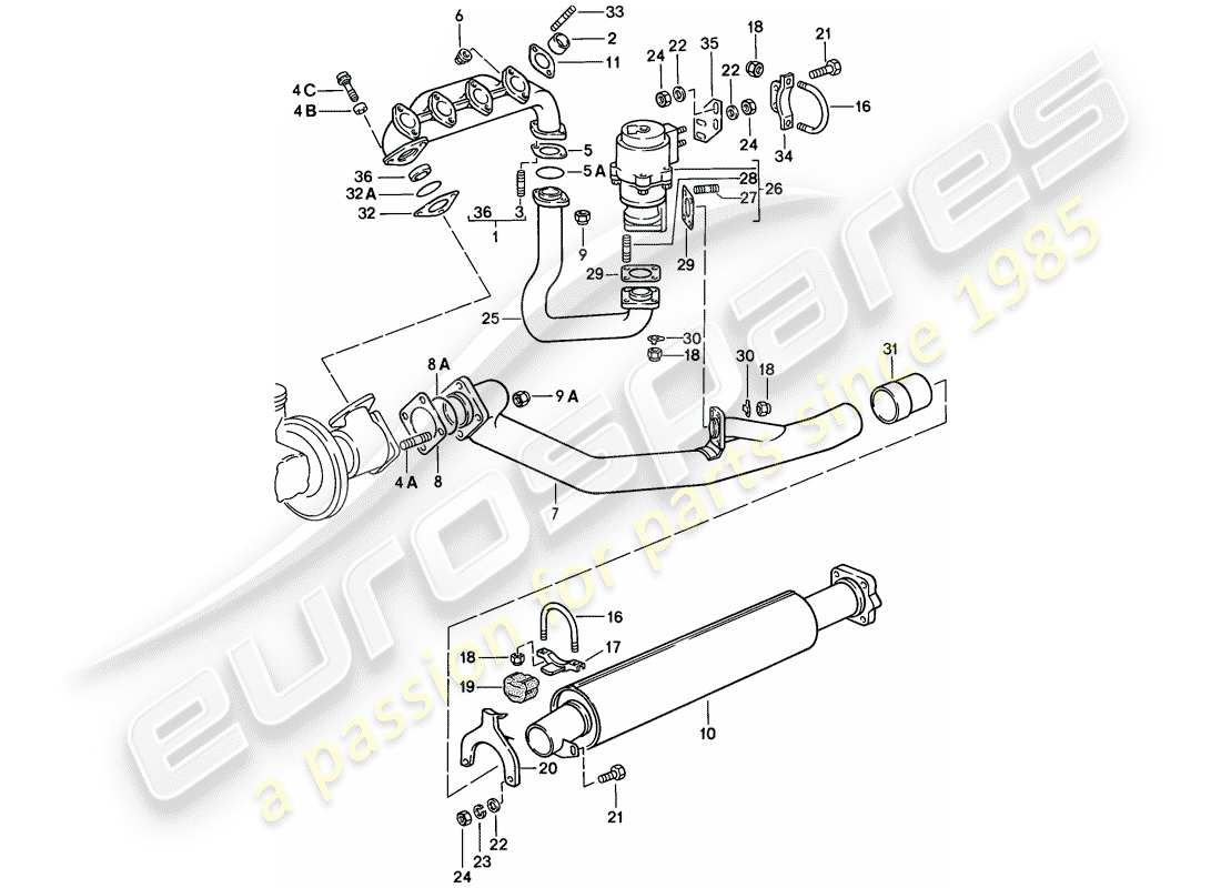 porsche 1977 (924) sistema de escape - silenciador de escape, delantero diagrama de piezas