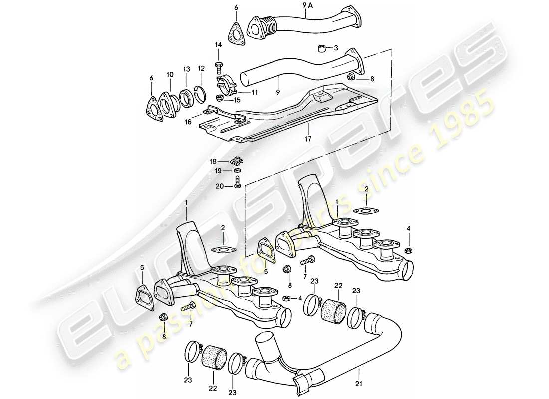 porsche 1985 (911) sistema de escape - núcleo del calentador diagrama de piezas