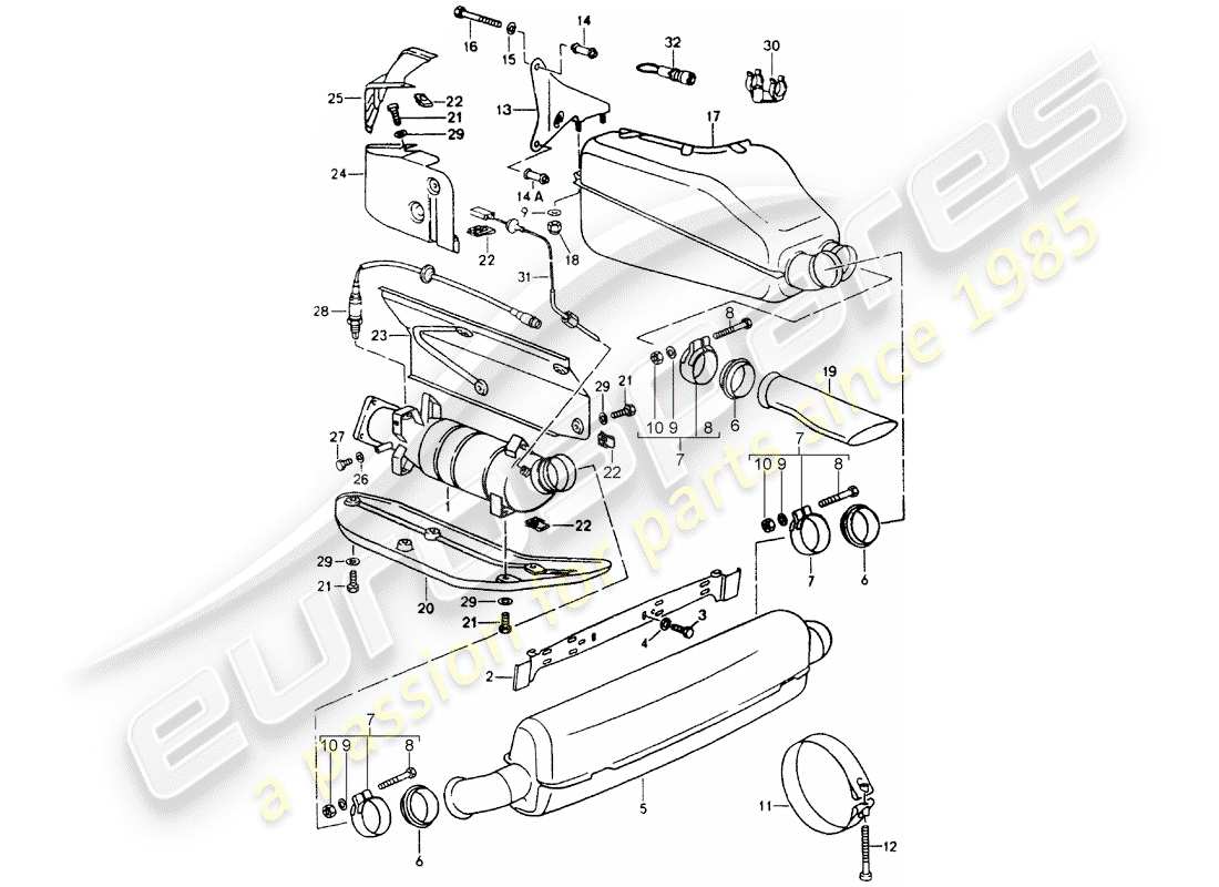 porsche 1994 (964) sistema de escape - silenciador - escape - catalizador diagrama de piezas
