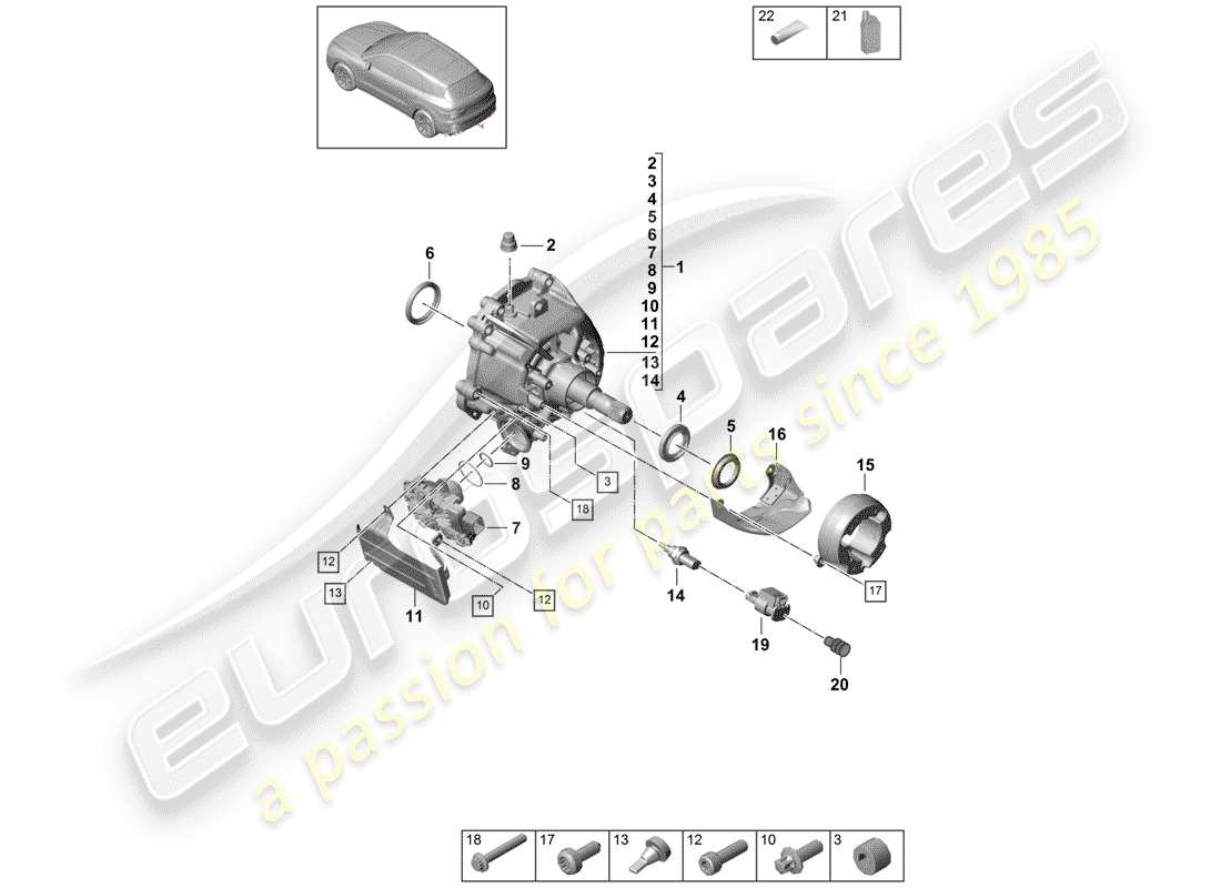 porsche 2019 (cayenne e3 9ya/9yb) diagrama de piezas de la caja de transferencia