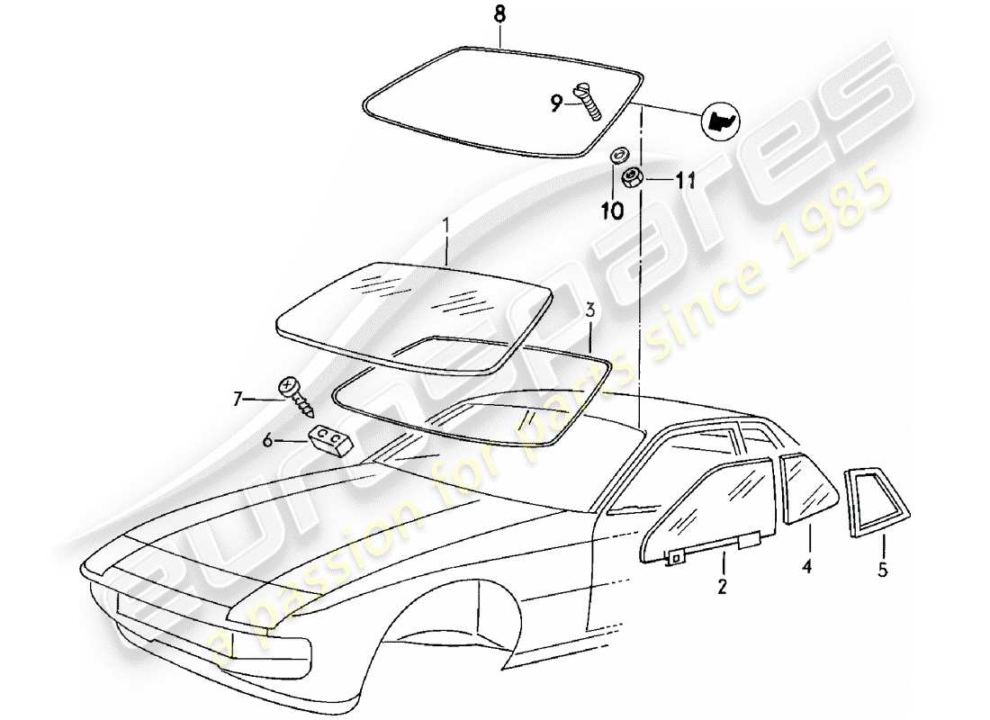 porsche 1982 (924) acristalamiento de ventanas diagrama de piezas