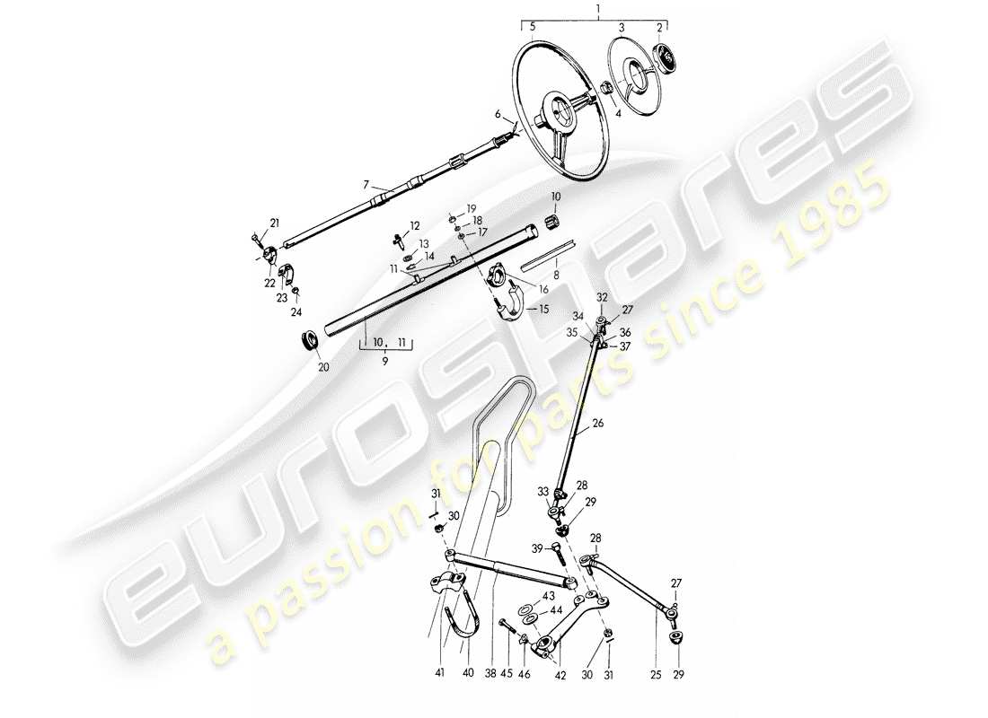 porsche 1954 (356/356a) volante - eje de dirección intermedio - varilla de dirección - y - palanca de giro diagrama de piezas