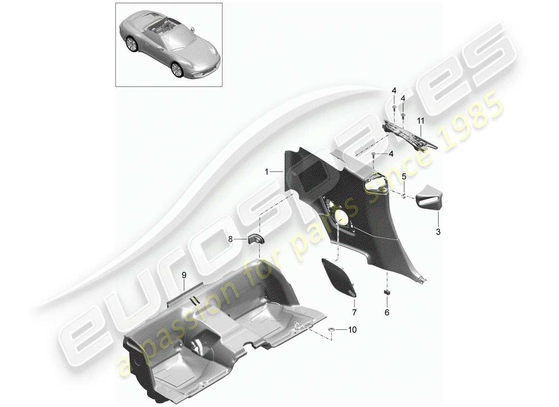 porsche 2014 (991-1) diagrama de piezas del panel de acabado cuarto