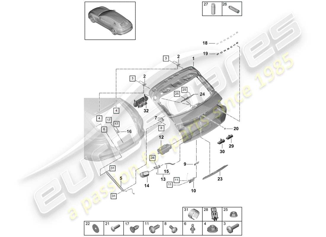 porsche 2018 (panamera 971-1) tapa del maletero trasero diagrama de piezas