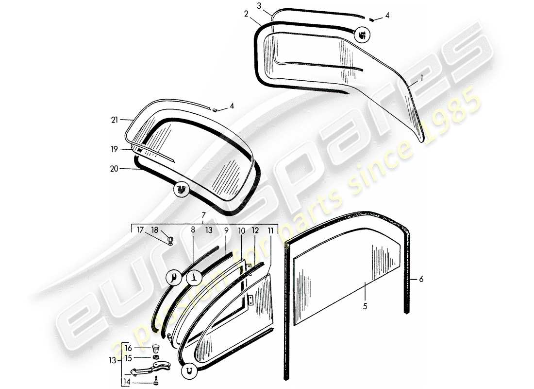 porsche 1951 (356/356a) acristalamiento de ventanas diagrama de piezas
