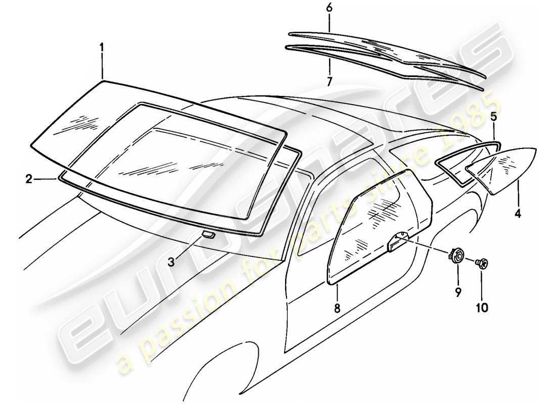 porsche 1981 (928) vidrios de ventanas diagrama de piezas