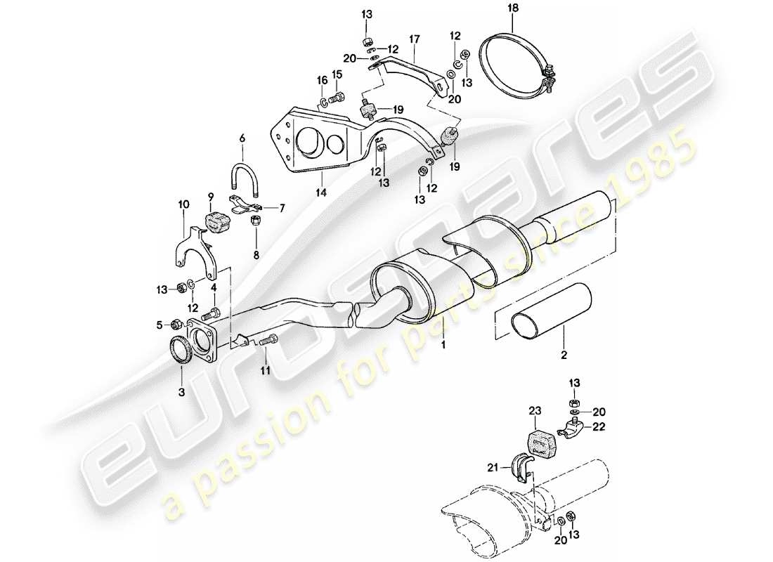 porsche 1984 (924) sistema de escape - silenciador de escape, trasero diagrama de piezas
