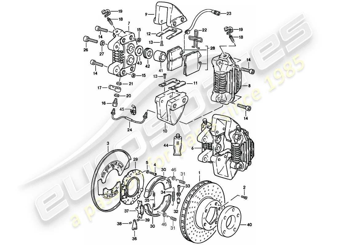 porsche 1984 (911) frenos de disco - eje trasero diagrama de piezas