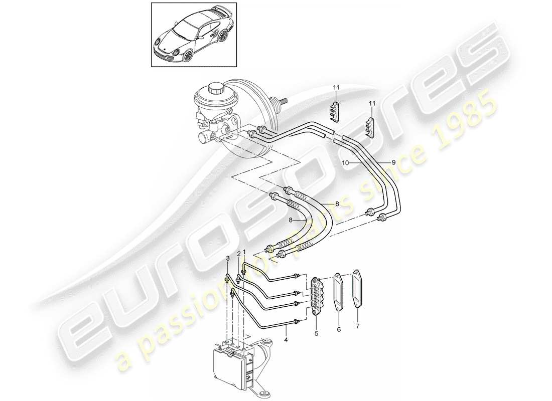 porsche 2013 (997-2 turbo / gt2 rs) líneas de freno diagrama de piezas
