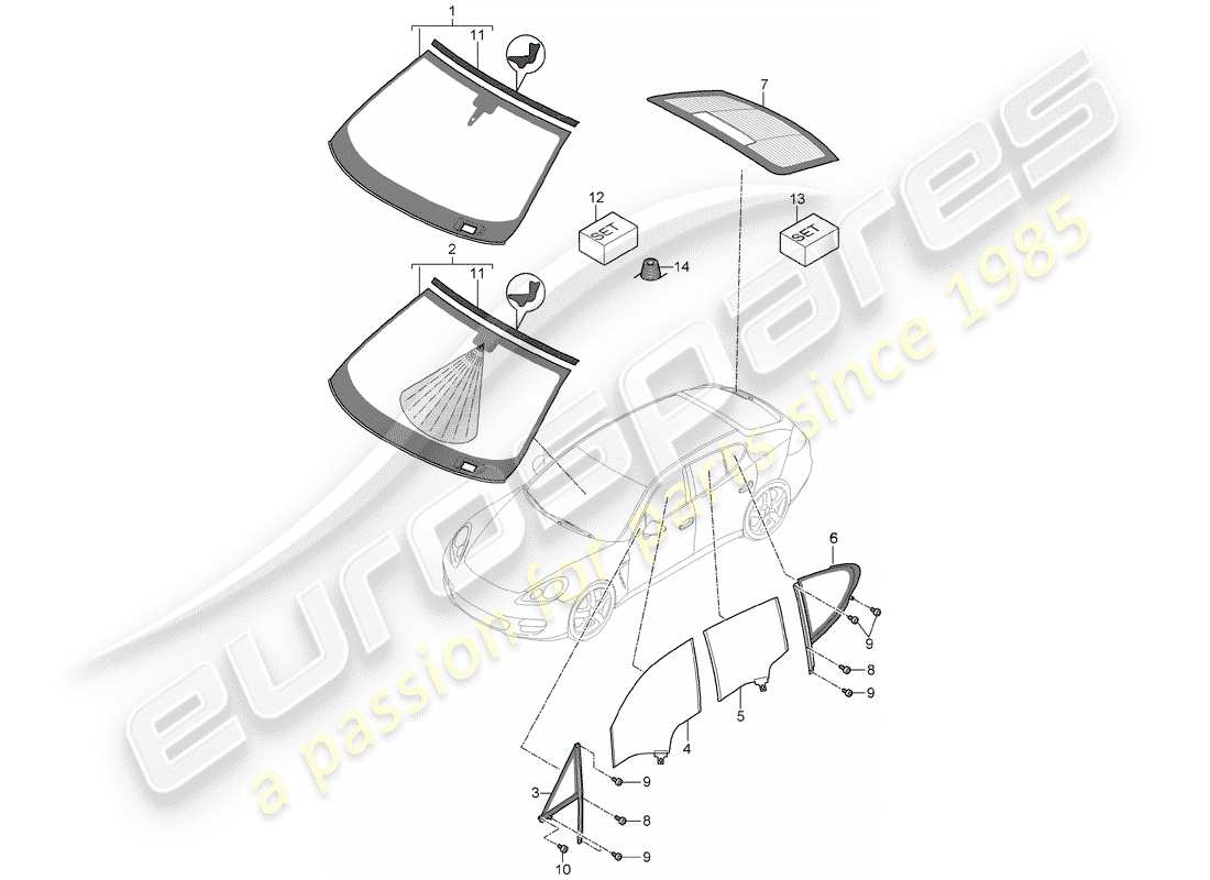 porsche 2014 (panamera 970) acristalamiento de ventanas diagrama de piezas