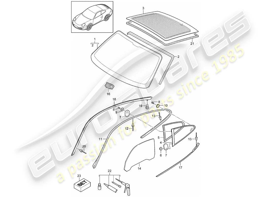 porsche 2010 (997-2) acristalamiento de ventanas diagrama de piezas