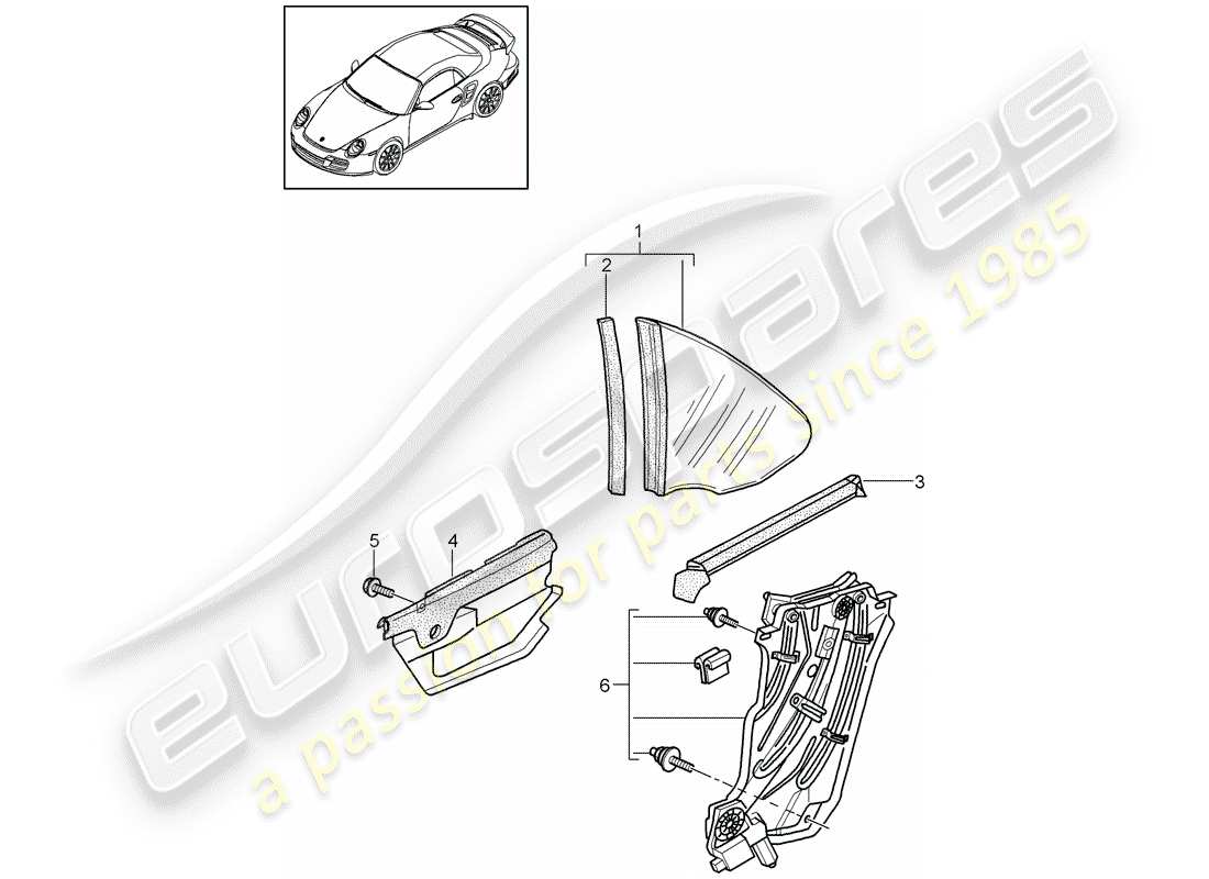 porsche 2013 (997-2 turbo / gt2 rs) ventana lateral diagrama de piezas